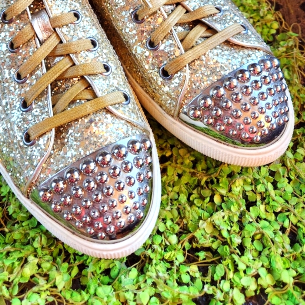 MIU MIU Gold Glitter Sparkle Silver Studs Toe Lace Up Flat Luxury Sneakers 40 - Picture 7 of 16